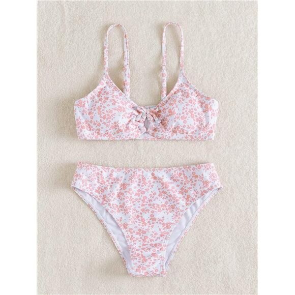 Girls' 2‎ Piece Ditsy Floral Print Knot Front Ruched Triangle Bikini Swimsuit - Picture 5 of 5